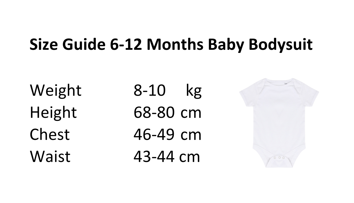 Size guide for 6-12 months baby bodysuit with measurements and a white bodysuit icon.