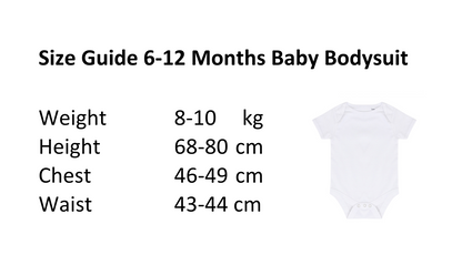 Size guide for 6-12 months baby bodysuit with measurements and a white bodysuit icon.