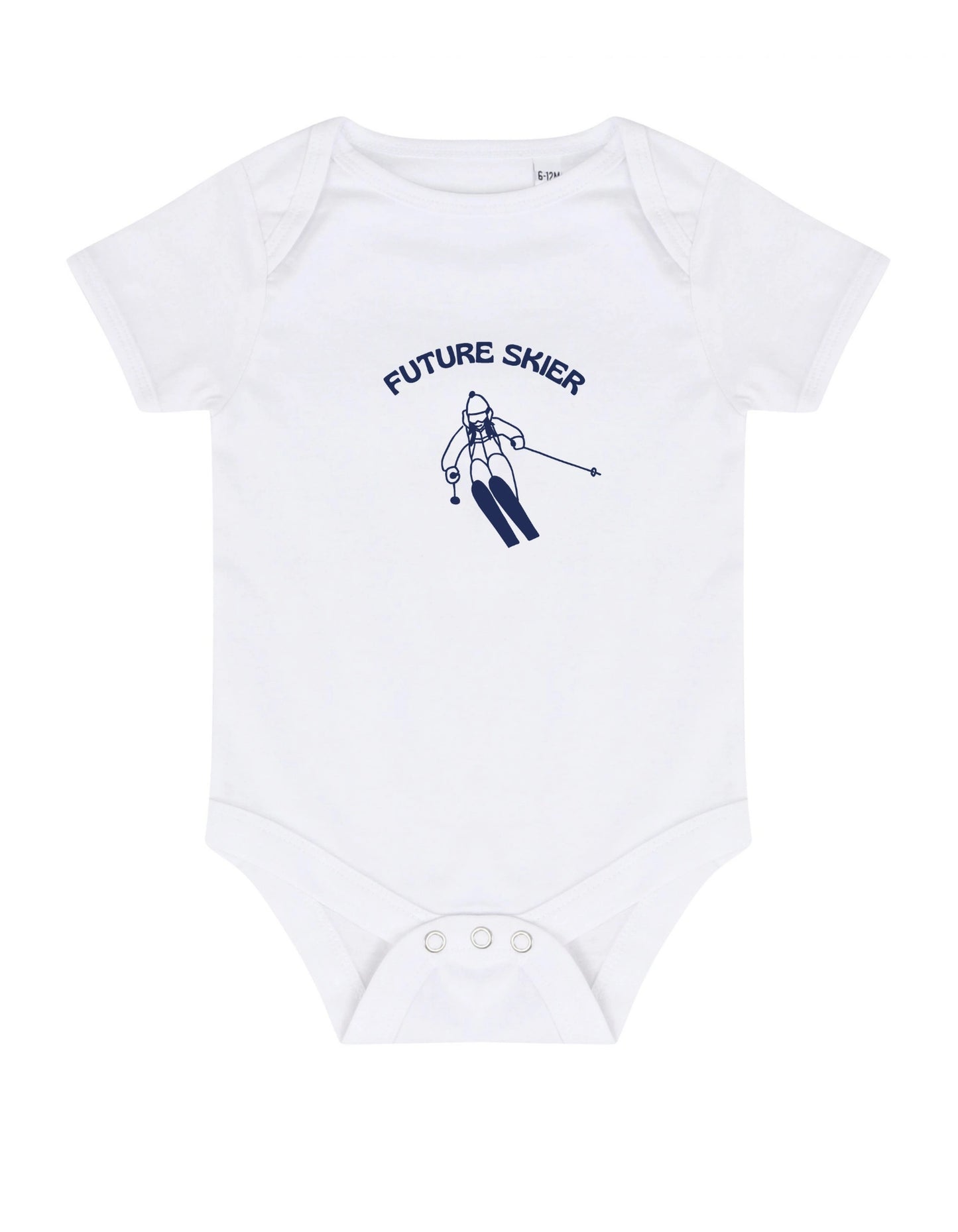 White baby onesie with 'Future Skier' text and ski motif