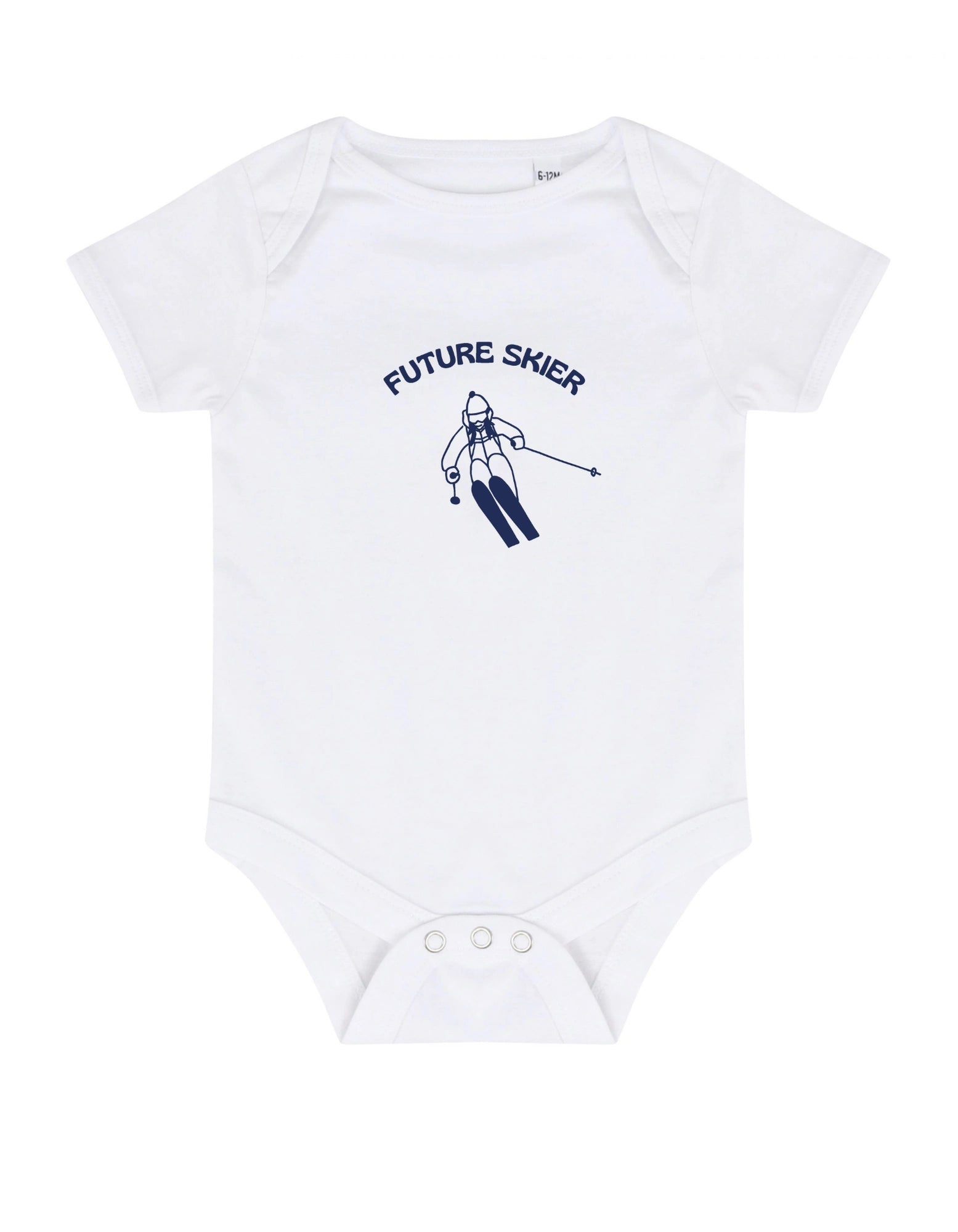 White baby onesie with 'Future Skier' text and ski motif