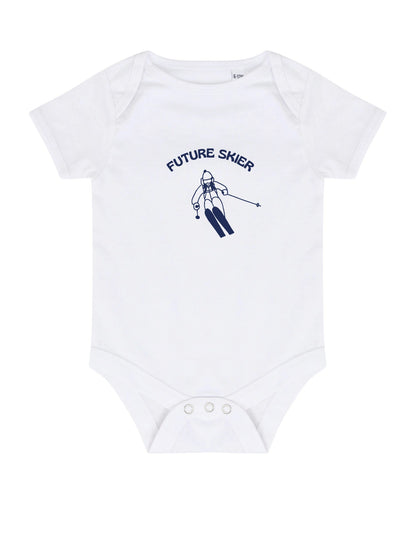 White baby onesie with 'Future Skier' text and ski motif