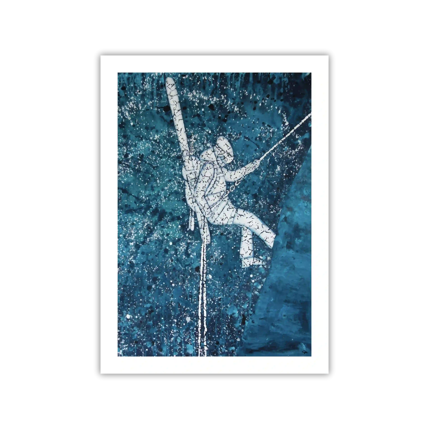 Framed artwork of a person climbing a mountain on a blue textured background