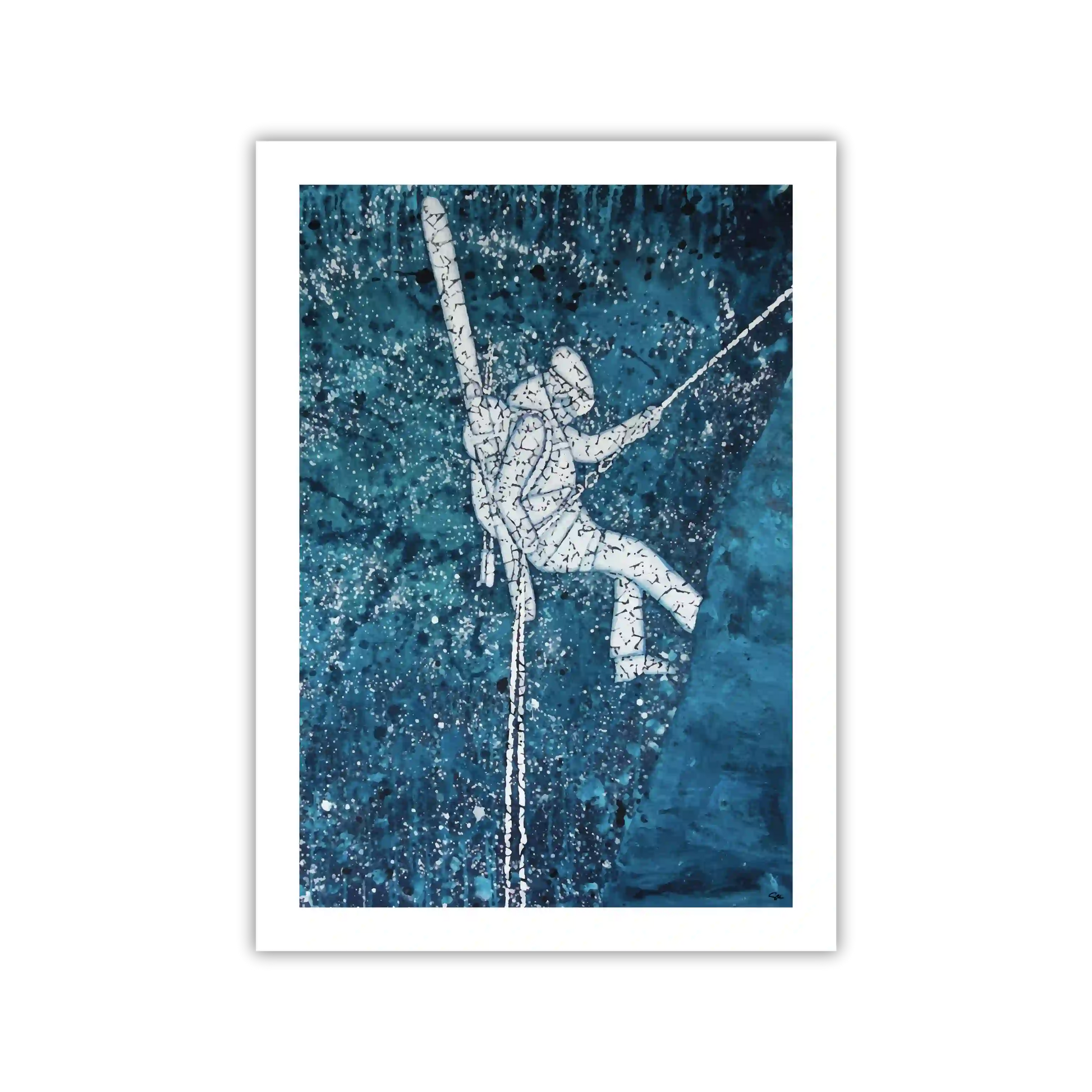 Framed artwork of a person climbing a mountain on a blue textured background