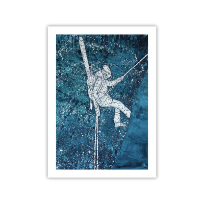 Framed artwork of a person climbing a mountain on a blue textured background