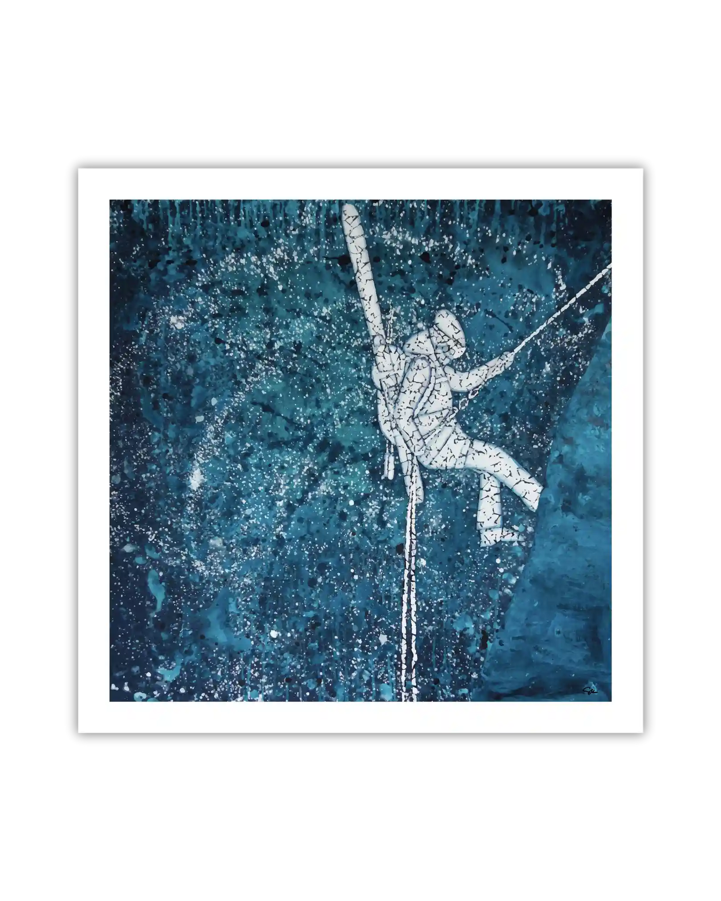 artwork of a climber on a blue textured background