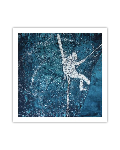 artwork of a climber on a blue textured background