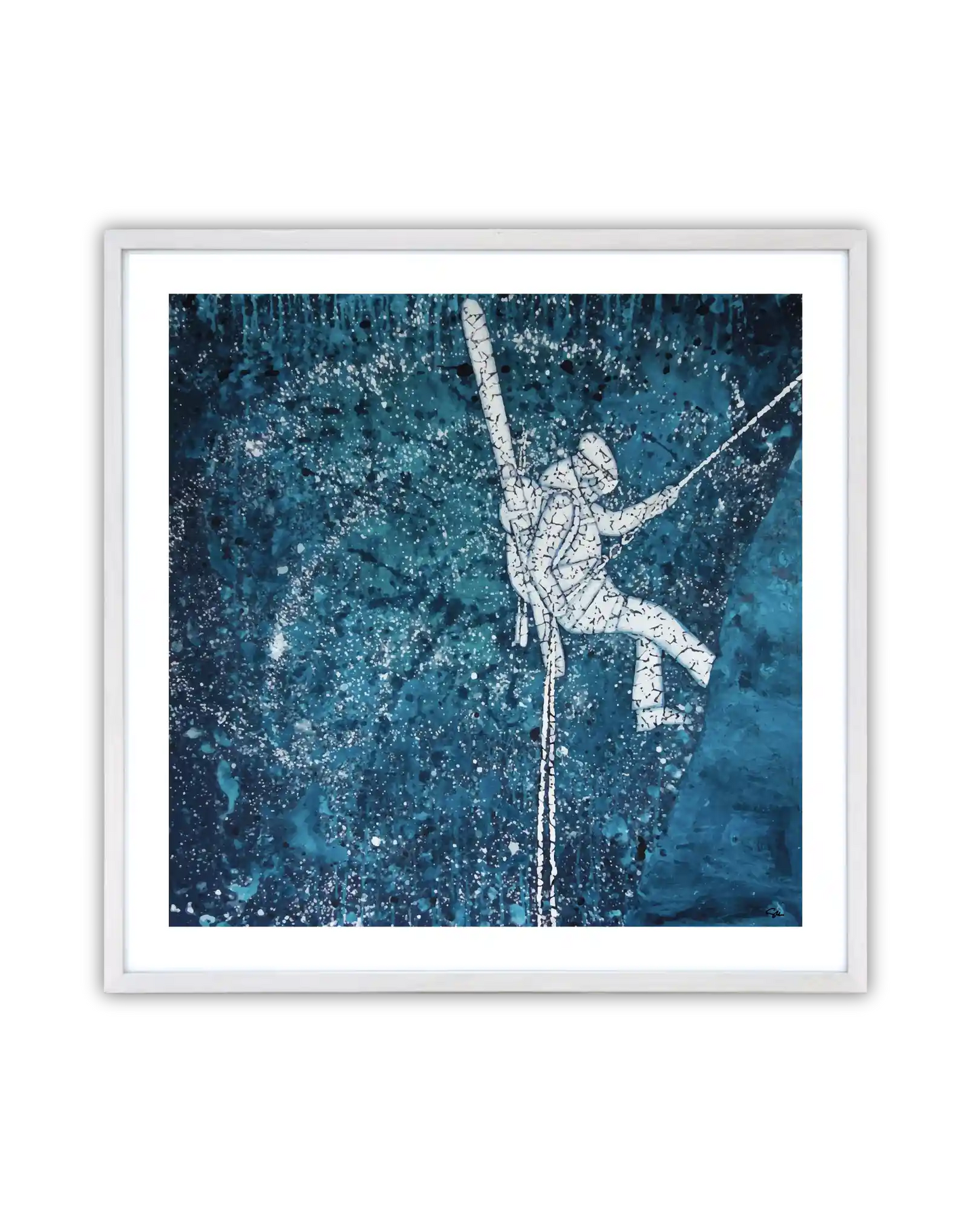 Framed artwork of a person rappelling against a blue abstract background