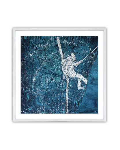 Framed artwork of a person rappelling against a blue abstract background