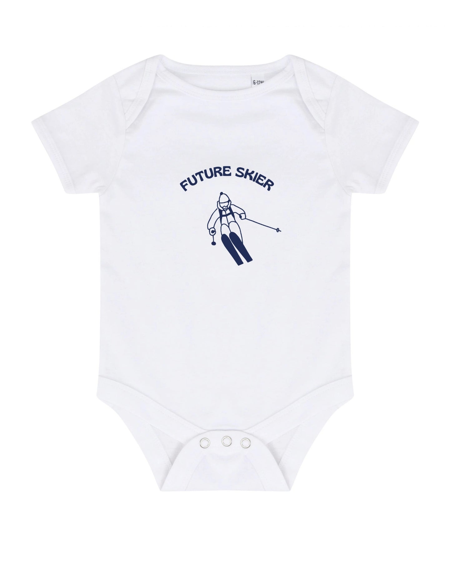 White baby onesie with 'Future Skier' text and ski motif