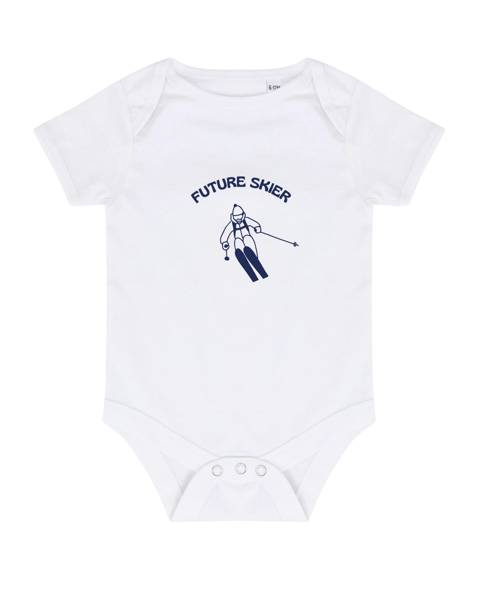 White baby onesie with 'Future Skier' text and ski motif