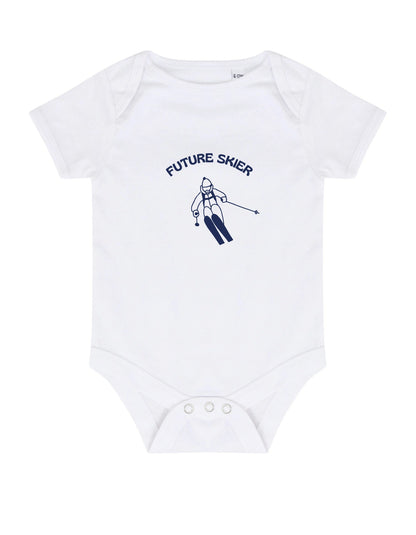 White baby onesie with 'Future Skier' text and ski motif